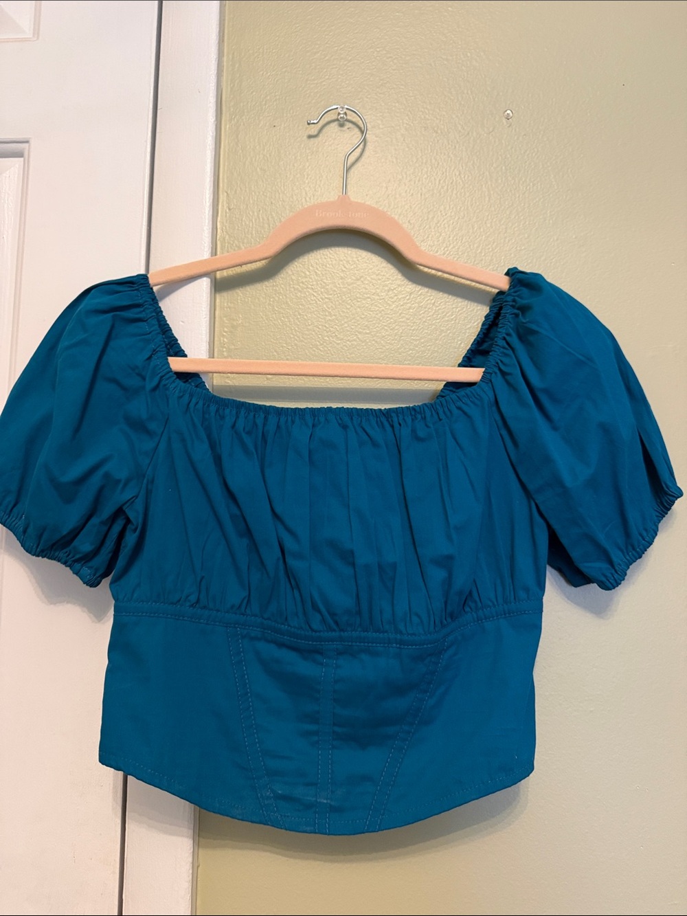 Square-Neck Puff Sleeve Crop Top in Teal